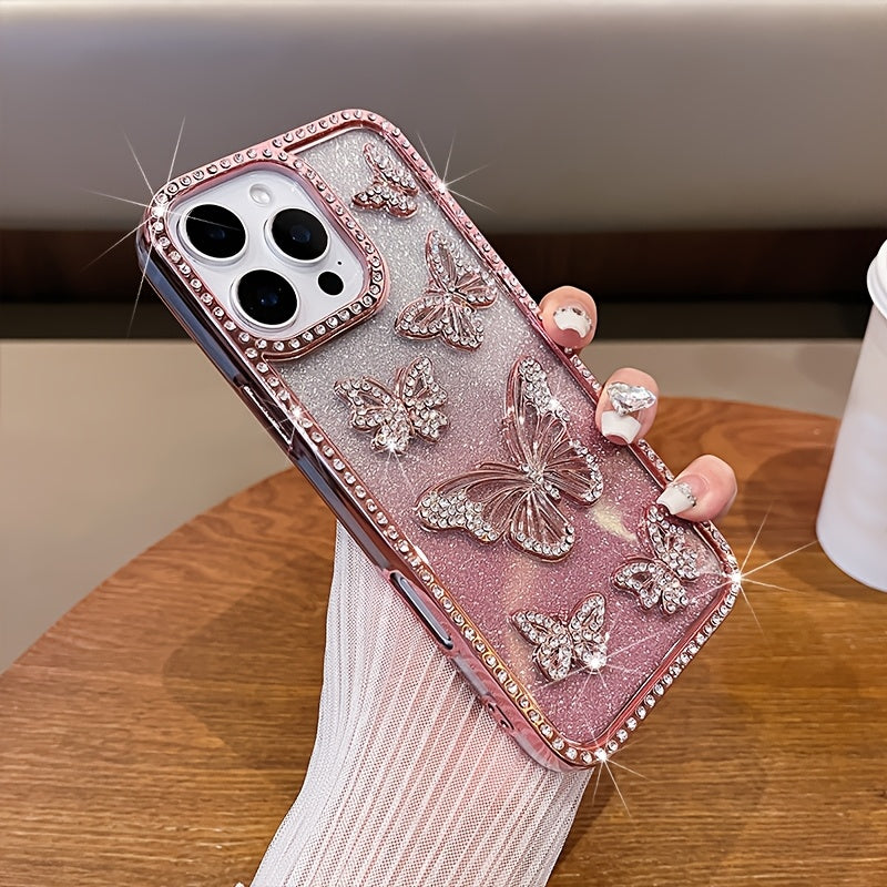 Luxury Cute Girls Phone Case for iPhone 16 Pro Max, Butterfly with Light Rhinestone Case Women for iPhone 15 Pro Max, Aesthetic Bling Glitter Gradient Case for iPhone 14 Pro Max, Shockproof Cover for iPhone 11, 12 Pro Max, 13